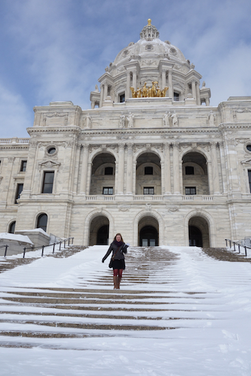 Geneva the Intern coming down the Minnesota Capitol steps